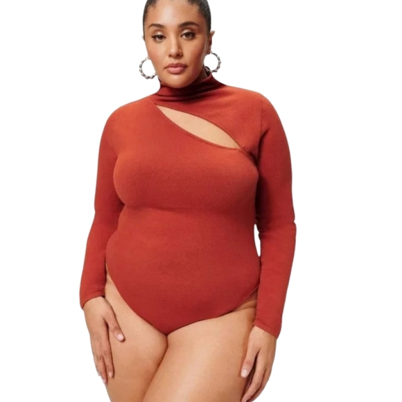 Good American Slit Shoulder Cut Out Longsleeve Bodysuit Sweater Thong SZ 8 Rust - Picture 13 of 16